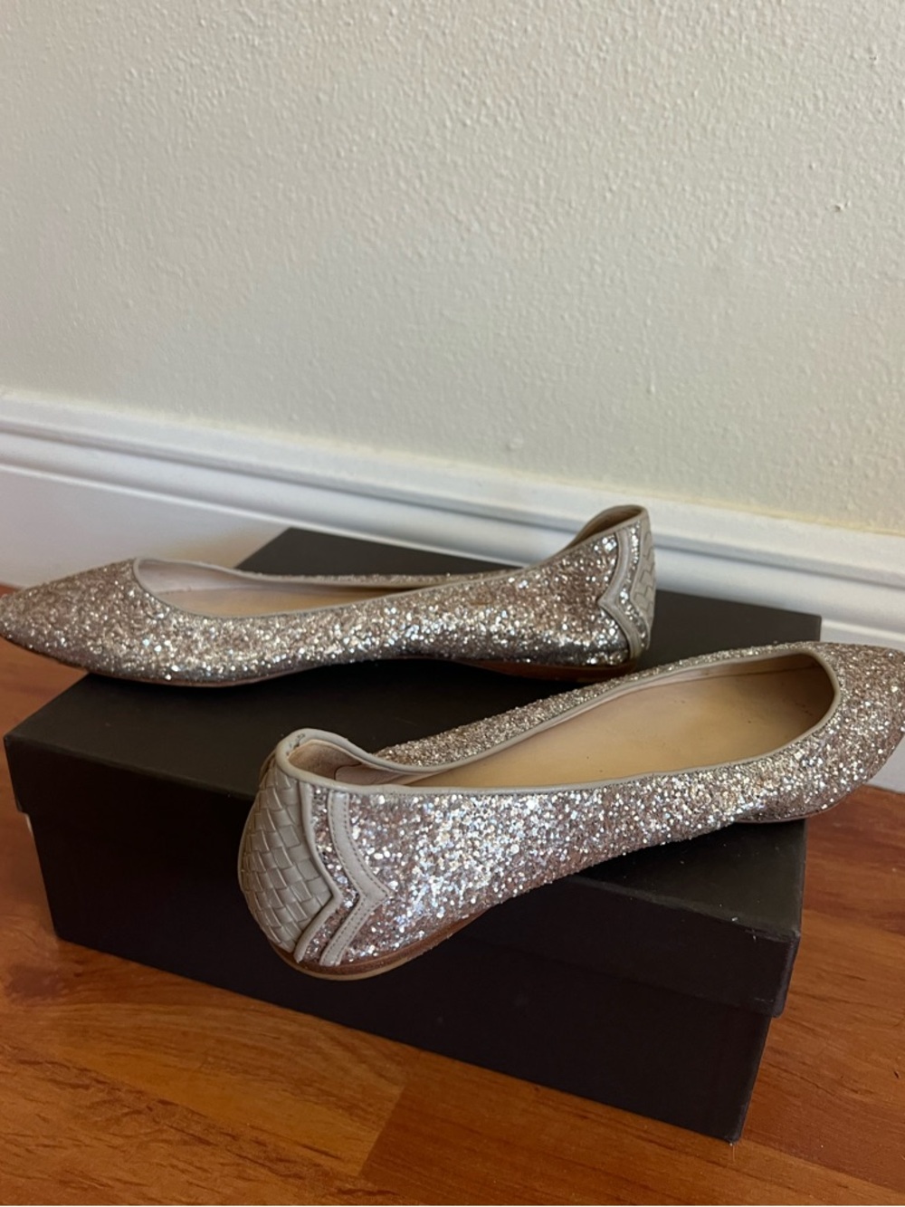 Bottega Veneta Italy Size 38 1/2 38,5 Glitter Ballet Flats Woven back - Picture 4 of 10
